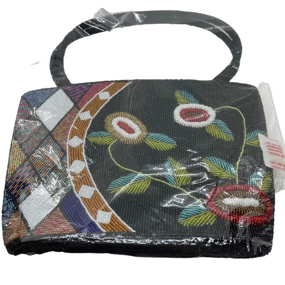 Beaded Purse Satchel Handbag Vintage Floral New with Tags Black Multicolor Retro